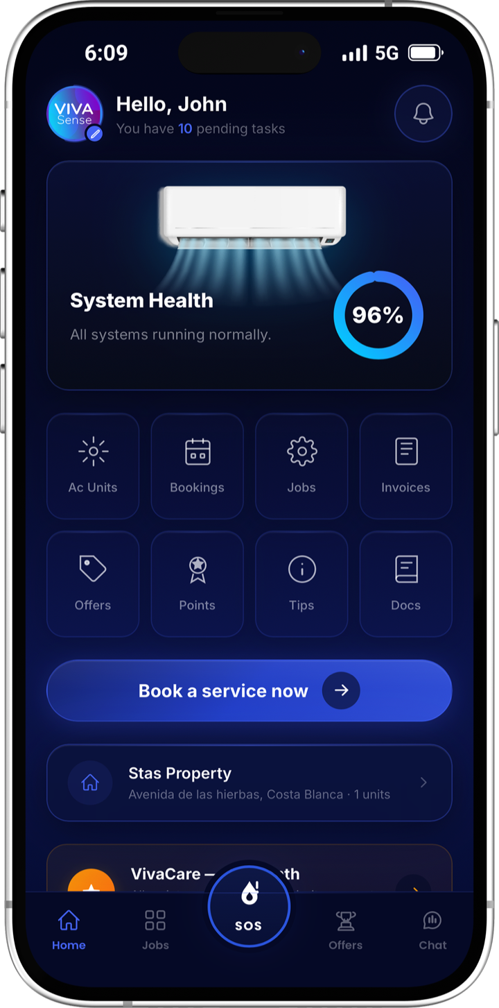 VivaSense app — real home screen